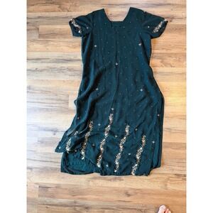 Vintage Forest Green Embroidered Sequin Kurta Tunic Dress Lined DiwaliDesi